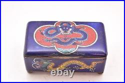 Antique Chinese Cloisonne Enamel Lidded Box Cobalt Blue Dragon Rectangle Asian