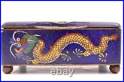 Antique Chinese Cloisonne Enamel Lidded Box Cobalt Blue Dragon Rectangle Asian