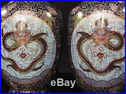 Antique Chinese Cloisonne Enamel Lotus Flower Dragon Vases c. 1900 Lao Tian Li