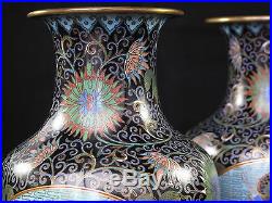 Antique Chinese Cloisonne Enamel Lotus Flower Dragon Vases c. 1900 Lao Tian Li