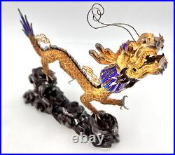 Antique Chinese Cloisonné Enamel Silver & Carnelian Gilt Dragon Figurine Statue