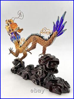 Antique Chinese Cloisonné Enamel Silver & Carnelian Gilt Dragon Figurine Statue