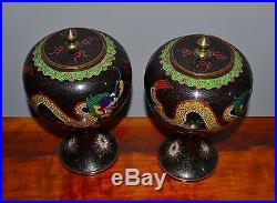 Antique Chinese Cloisonne Stem Bowls and Covers Dragons Flaming Pearl Black