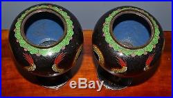 Antique Chinese Cloisonne Stem Bowls and Covers Dragons Flaming Pearl Black