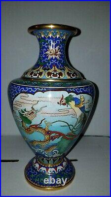 Antique Chinese Cloisonne Two Sided Enamel Four Claw Dragon & Peacock Vase 10