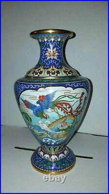 Antique Chinese Cloisonne Two Sided Enamel Four Claw Dragon & Peacock Vase 10