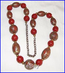 Antique Chinese Cloisonne and Cinnabar Imperial Dragon Bead Necklace