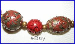 Antique Chinese Cloisonne and Cinnabar Imperial Dragon Bead Necklace