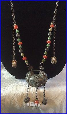 Antique Chinese Coral Turquoise Silver bead Dragon NecklaceUniqueSigned