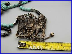 Antique Chinese Court Necklace Kylin Dragon Rider Silver Carved Turquoise Bead