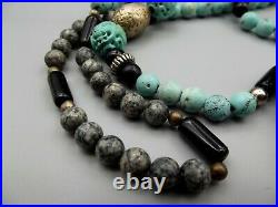 Antique Chinese Court Necklace Kylin Dragon Rider Silver Carved Turquoise Bead
