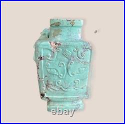 Antique Chinese Covered Pot In Turquoise Lucky Dragons Decor. Lid Rare Old 20th