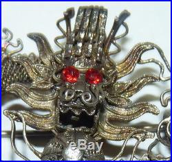 Antique Chinese DRAGON Silver Pin Asian legendary Ruby Eyes withBox b10