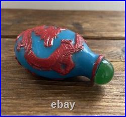 Antique Chinese Decorative Snuff Bottle Turquoise Blue Glass Red Overlay Dragon