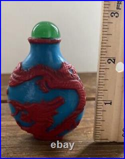 Antique Chinese Decorative Snuff Bottle Turquoise Blue Glass Red Overlay Dragon