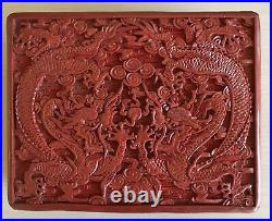 Antique Chinese Deep Red Carved Cinnabar Lacquer Lidded Box Intricate 2 Dragons
