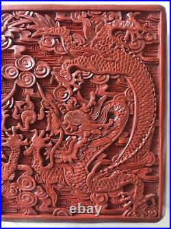 Antique Chinese Deep Red Carved Cinnabar Lacquer Lidded Box Intricate 2 Dragons