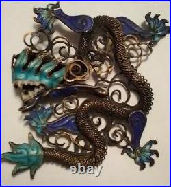 Antique Chinese Dragon Blue Purple Gold Enamel Dragon Necklace Pendant