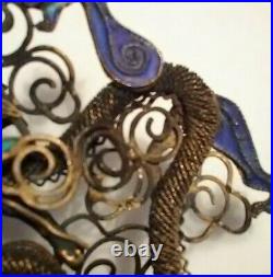 Antique Chinese Dragon Blue Purple Gold Enamel Dragon Necklace Pendant