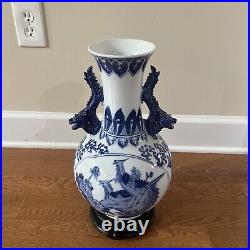 Antique Chinese Dragon Blue & White Porcelain Vase Signed
