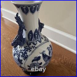 Antique Chinese Dragon Blue & White Porcelain Vase Signed