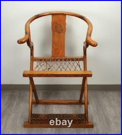 Antique Chinese Dragon Carving Hardwood & Leather Folding Chair Qing Dynasty