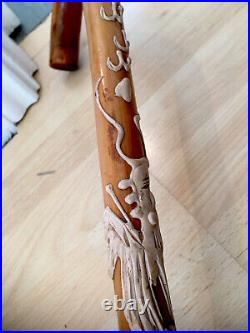 Antique Chinese Dragon Chasing Flaming Pearl Relief Hand Carved Walking Stick