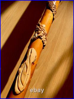 Antique Chinese Dragon Chasing Flaming Pearl Relief Hand Carved Walking Stick