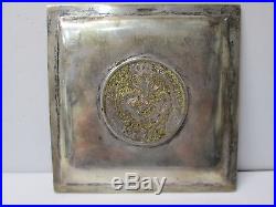 Antique Chinese Dragon Dollar. 900 Silver Square Coaster Plate
