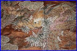 Antique Chinese Dragon Embroidered Textile Forbidden Stitch Gold Silk Japanese