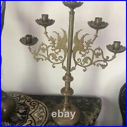 Antique. Chinese Dragon Etched Brass 5 light Candelabra