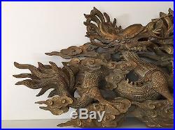 Antique Chinese Dragon Hand Carved Wood Relief Gold Gilt Wall Plaque, 41 Long