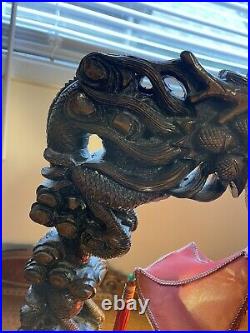Antique Chinese Dragon Hand Carved Wood Table Lamp Stand With Pagoda Shade (Works)