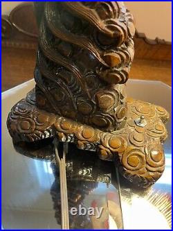 Antique Chinese Dragon Hand Carved Wood Table Lamp Stand With Pagoda Shade (Works)