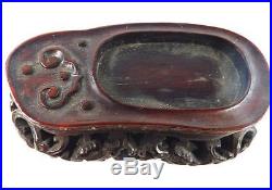 Antique Chinese Dragon Pearl Carved Hardwood Wood Stand For Jade Hardstone