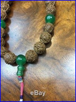 Antique Chinese Dragon Sandalwood beads and Peking Glass with wrapped silk mala