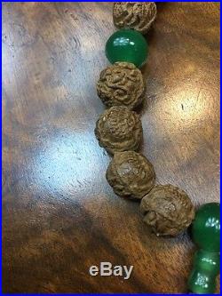 Antique Chinese Dragon Sandalwood beads and Peking Glass with wrapped silk mala