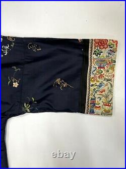Antique Chinese Dragon Silk Embroidered Navy Blue Floral Abstract Kimono Robe