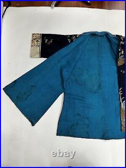 Antique Chinese Dragon Silk Embroidered Navy Blue Floral Abstract Kimono Robe