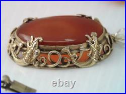 Antique Chinese Dragon Sterling Silver Carnelian Pendant Necklace