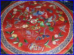 Antique Chinese Dragon and Phoenix Embroidered Round Decorative Textile Panel