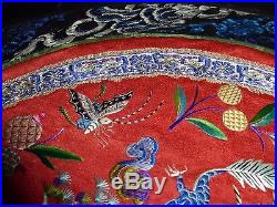 Antique Chinese Dragon and Phoenix Embroidered Round Decorative Textile Panel