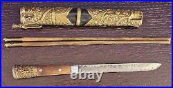 Antique Chinese Dragons Traveling Trousse Chopstick Knife Set Wood Brass Genuine