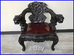 Antique Chinese Early 20th Cent. Carved Wood Dragons Arm Chair Clouds Wings Dec