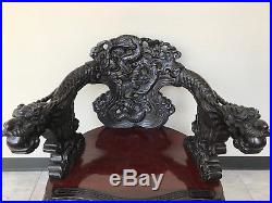 Antique Chinese Early 20th Cent. Carved Wood Dragons Arm Chair Clouds Wings Dec