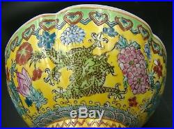 Antique Chinese Egg Shell Yellow Porcelain Polychromed Rice Bowl Dragon Design