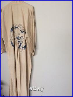 Antique Chinese Embroidered Dragon Beige Kimono Robe Vtg (see Measurements)