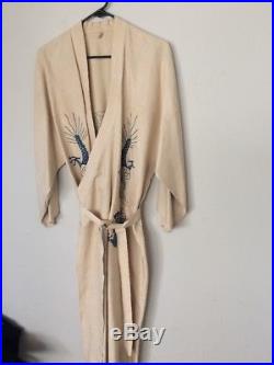 Antique Chinese Embroidered Dragon Beige Kimono Robe Vtg (see Measurements)