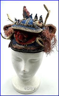Antique Chinese Embroidered Silk Child's Festival Hat Dragon Qing Dynasty