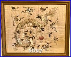 Antique Chinese Embroidered Silk Dragon Textile Signed Provenance to Hitler